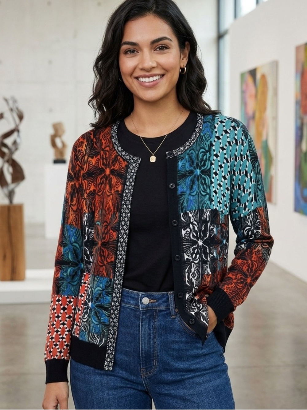 NIC+ZOE Colorful Abstract Patchwork Cardigan - Size Large - Silk Cotton Blend